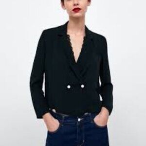 Zara Size XS Black Chiffon Boxy Blouse with Pearl Buttons, Exc. Used Condition